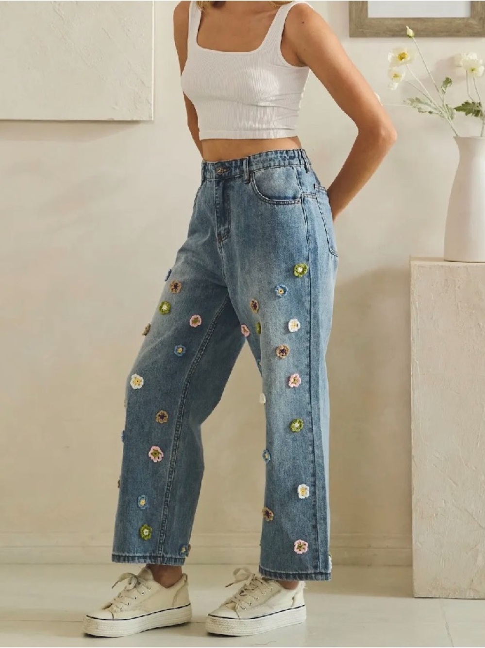 Oli & Hali Blue Denim Jeans with Multicolor Floral Embroidery - Picture 3 of 3